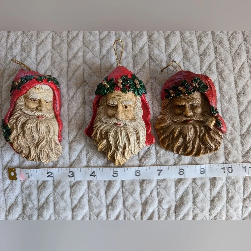 Vtg Old World Santa Face Head Christmas Ornament Woodland, Victorian, Foam Lot 3